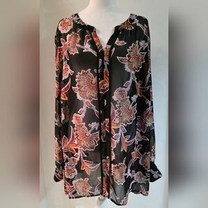 Liz Claiborne Long Sleeve Sheer PullOver Blouse, Black Red Floral Womens 3X